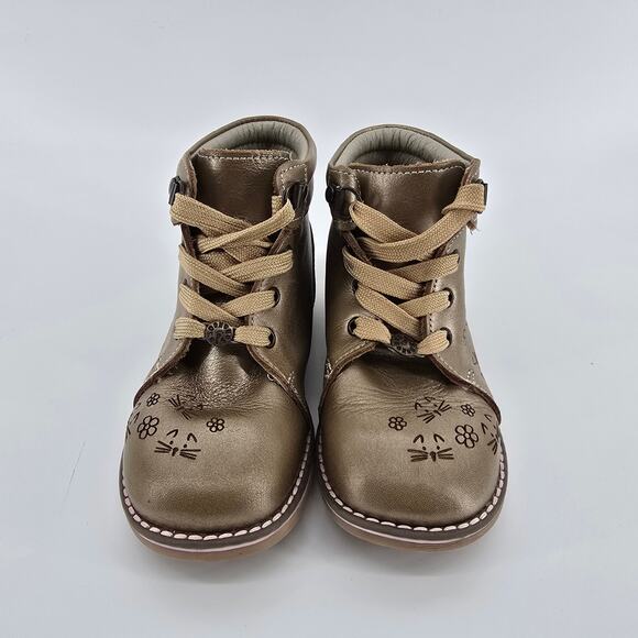 AndaNeNes Girls Bronze High Top Lace Up Leather Upper Cat & Flower Boots 10C - Picture 2 of 9